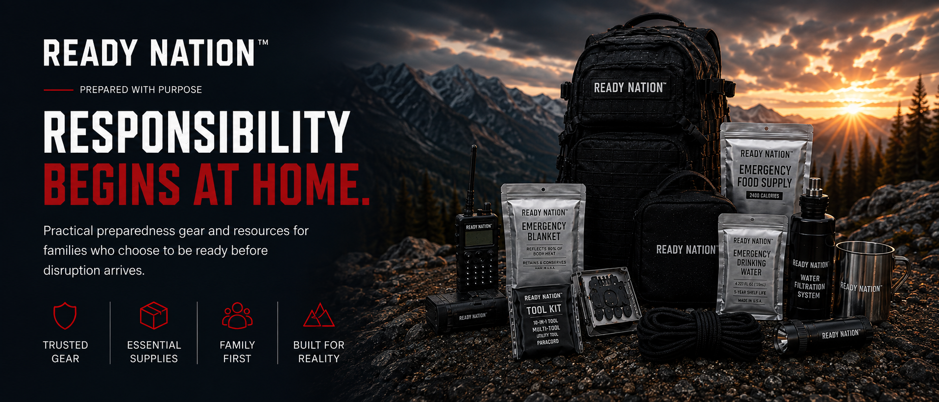 Ready Nation. Prepared with purpose. Responsibility begins at home. Premium preparedness gear, essential supplies, and practical systems for American families.